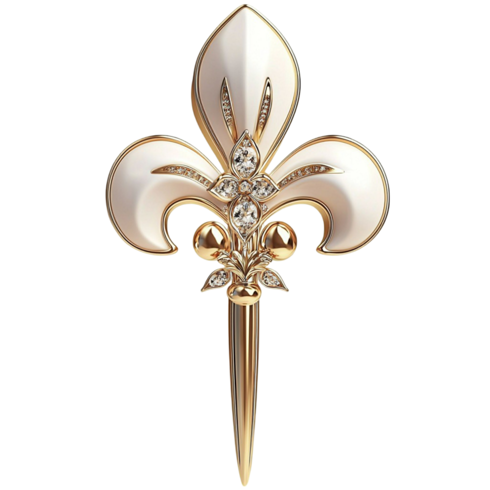 Decorative golden fleurdelis pin with intricate design symbolizing tradition elegance heritage and the beauty of Frenchinspiredistry png
