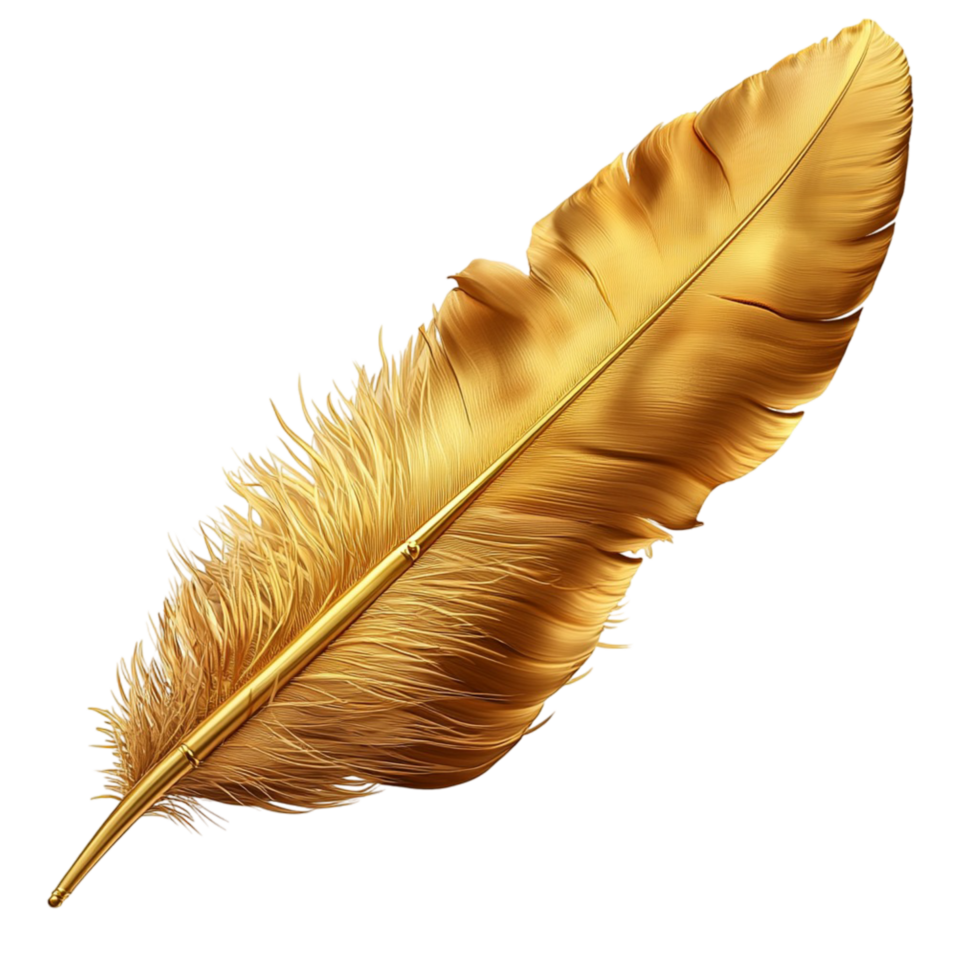 Shiny golden feather with soft details symbolizing elegance lightness freedom and the delicate beauty of natures grace png