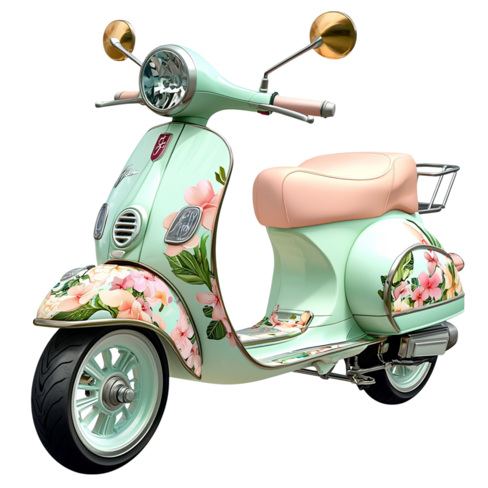 Vintage pastel green scooter with classic details symbolizing travel adventure nostalgia and the charm of retro transportation png
