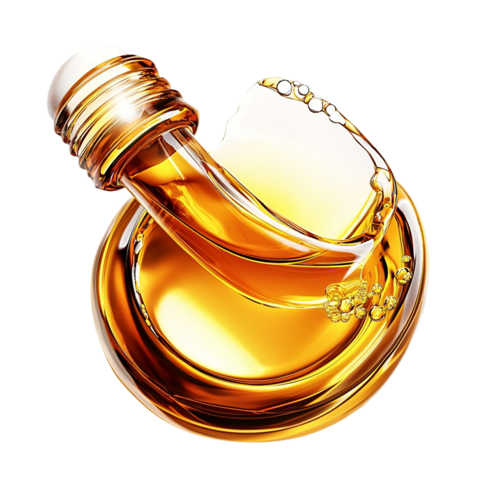 Glass bottle filled with golden liquid symbolizing luxury richness health and the beauty of highquality essential oils png