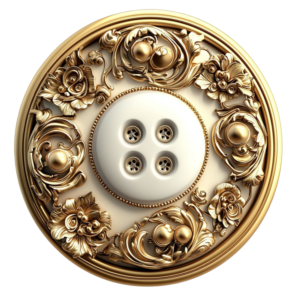 Ornate golden button with intricate floral patterns symbolizing elegance sophistication vintage fashion and the beauty of classic tailoring png