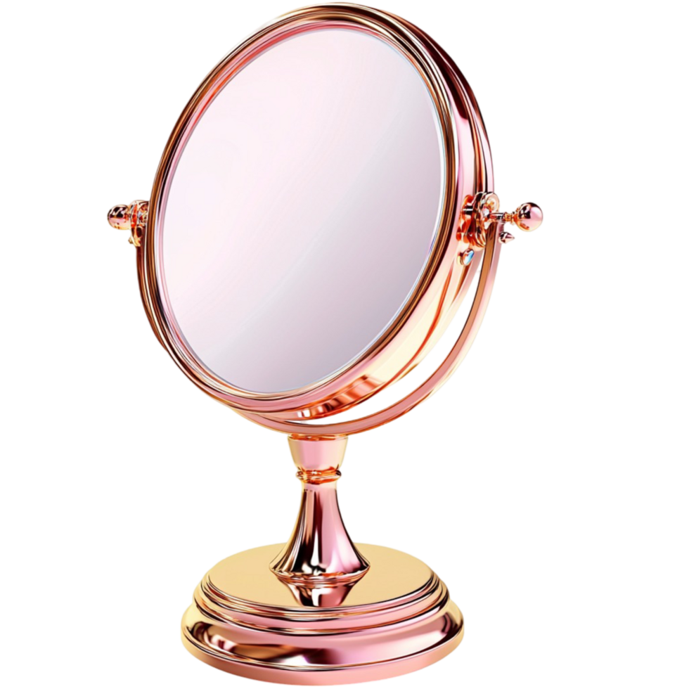Elegant round vanity mirror with gold frame symbolizing beauty reflection sophistication and the essential accessory for personal grooming png