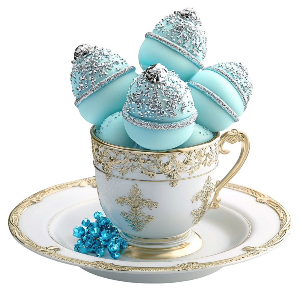 Luxurious white and blue macarons in an elegant teacup symbolizing delicacy indulgence sophistication and the irresistible charm of French desserts png
