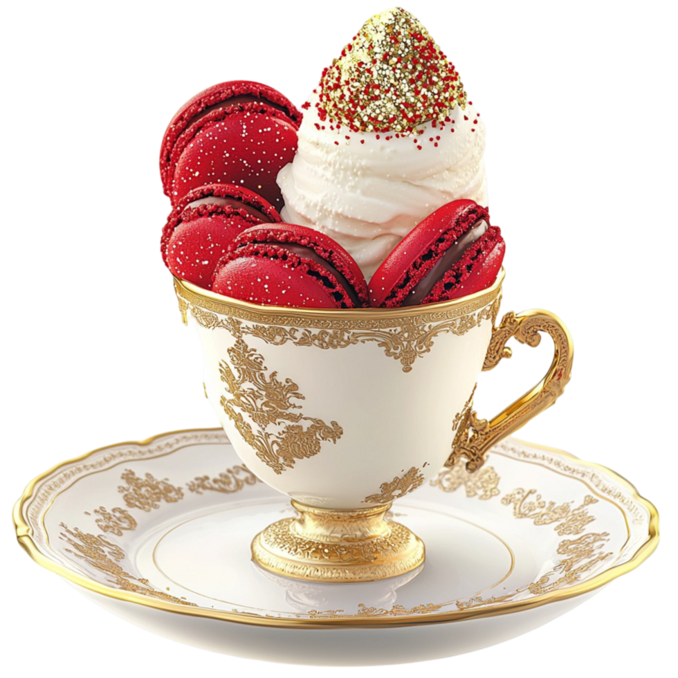 Elegant teacup with red macarons symbolizing indulgence sophistication sweetness and the delightful combination of fine pastries and tea png