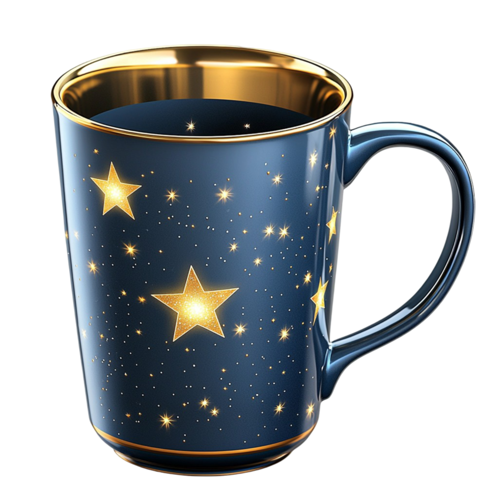 Elegant dark blue coffee mug with golden stars symbolizing warmth comfort magic and the celestial beauty of nighttime relaxation png