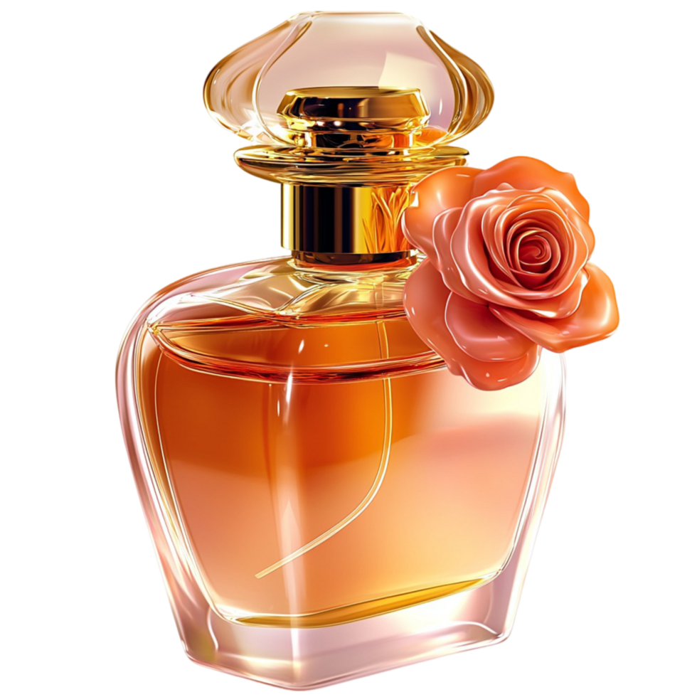 Exquisite golden perfume bottle with a rose top symbolizing fragrance elegance luxury and the timeless allure of fine scents png