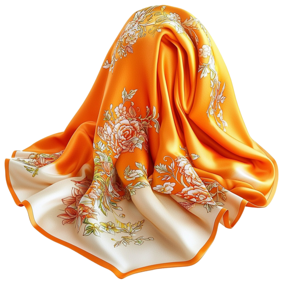 Elegant orange silk scarf with golden floral patterns symbolizing fashion sophistication softness and the delicate beauty of fine textiles png