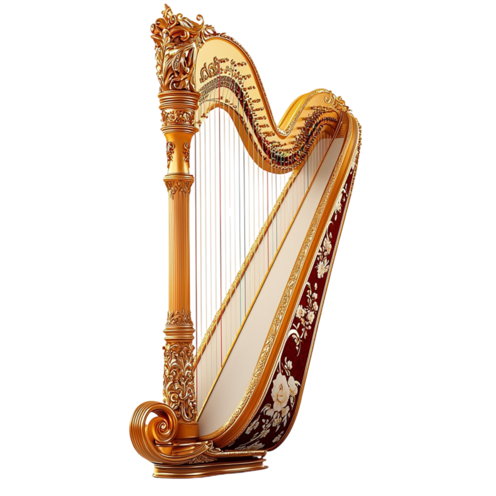 Elegant golden harp with curved frame symbolizing music grace sophistication and the heavenly beauty of classical instruments png