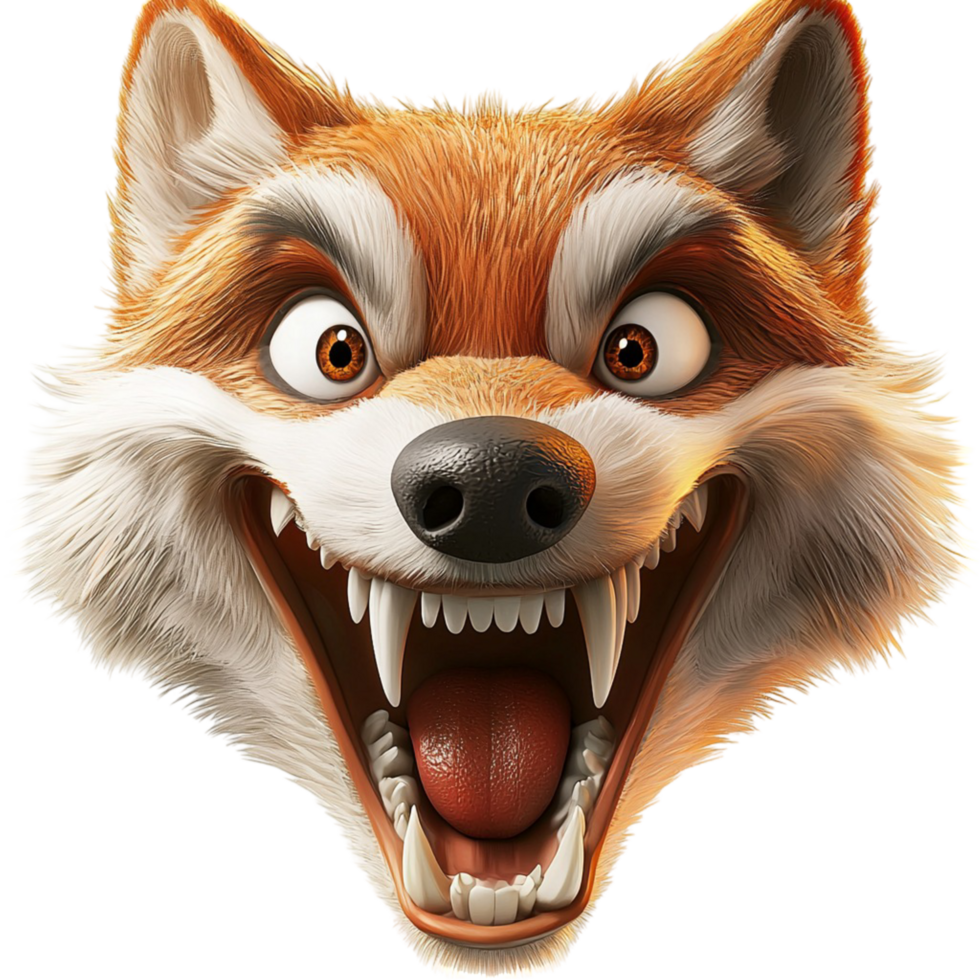 Animated fox with open mouth shows excited expression on white png