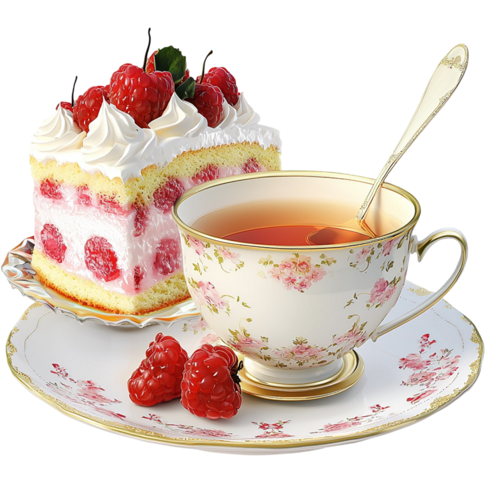 Strawberry cake slice pairs with floral teacup and raspberries on plate png
