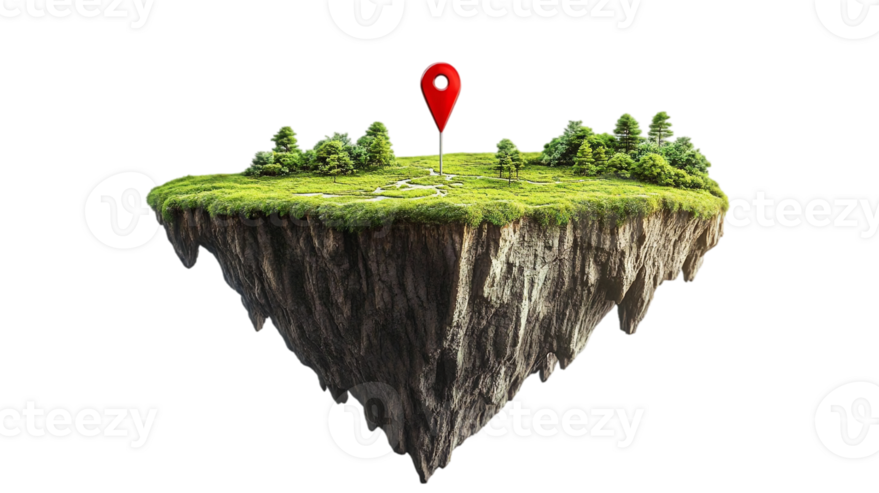 Fantasy-themed floating island with a location pin, creative illustration, isolated on transparent background png