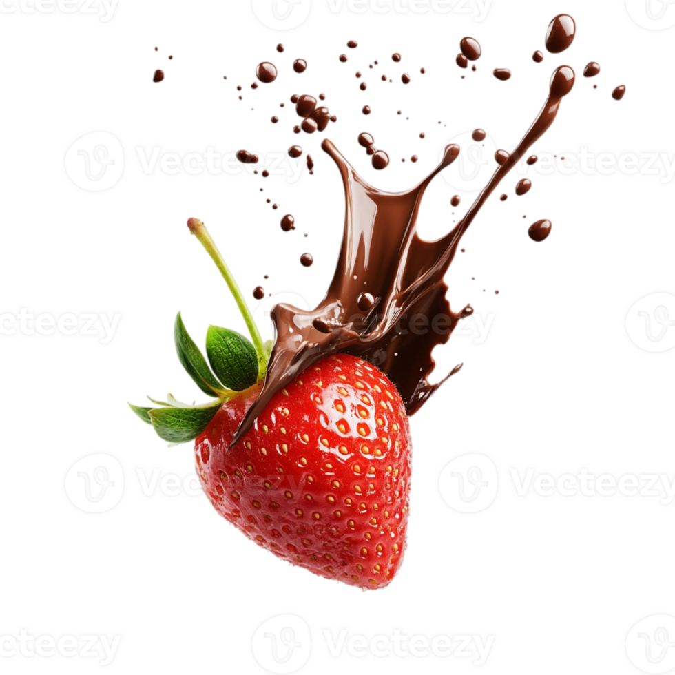 Falling Strawberry with Chocolate Splash, Isolated on White Background png