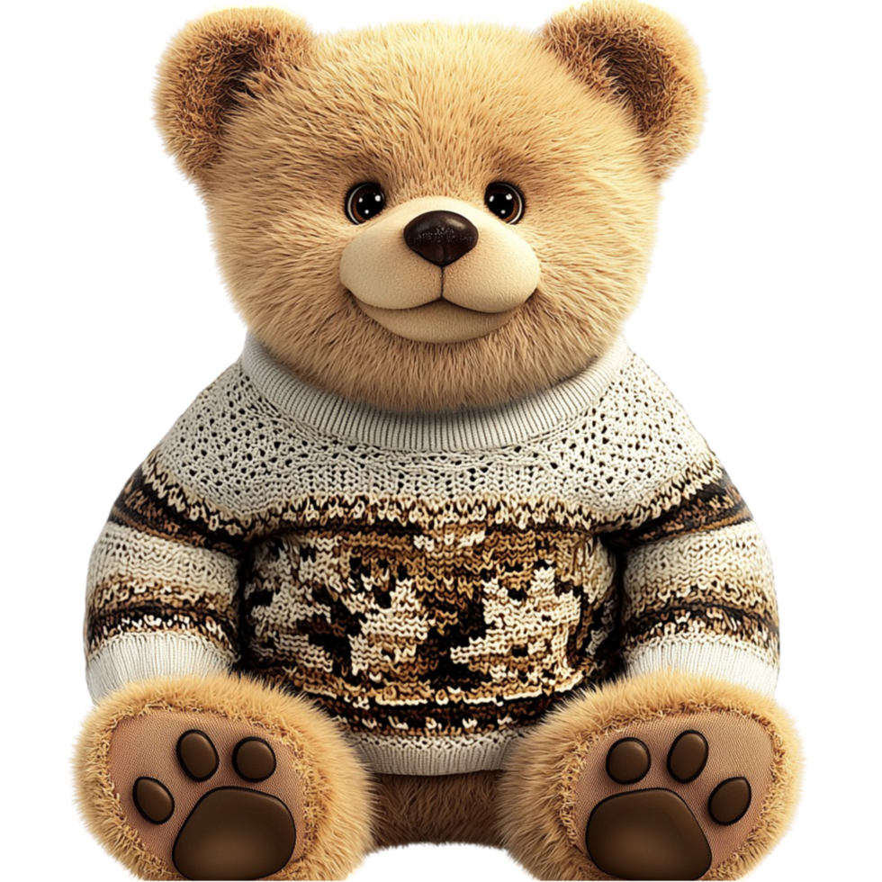 Plush teddy bear in sweater sits with warm smile on png