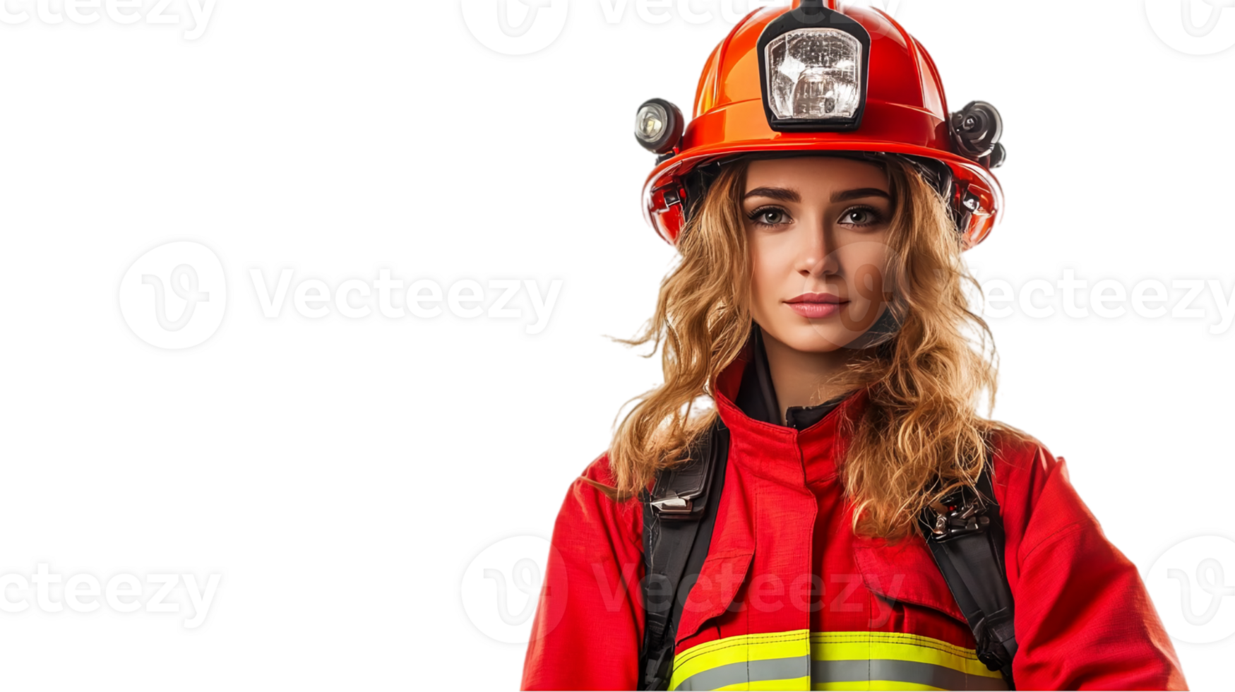 Female firefighter in uniform, isolated, white background, studio shot, strong, brave, courageous, hero, emergency, rescue png
