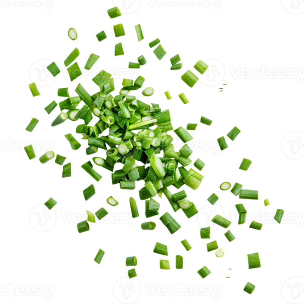 Drifting green onion slices and cut chives arranged artistically, isolated on transparent background png