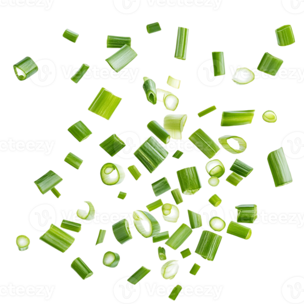 Cascading green onion and chive slices in motion, isolated on transparent background png