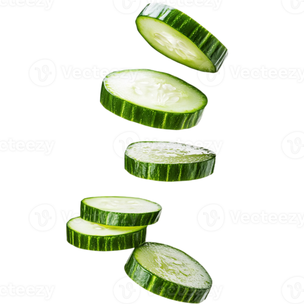Graceful fall of cucumber slices symbolizing health and freshness, isolated on transparent background png