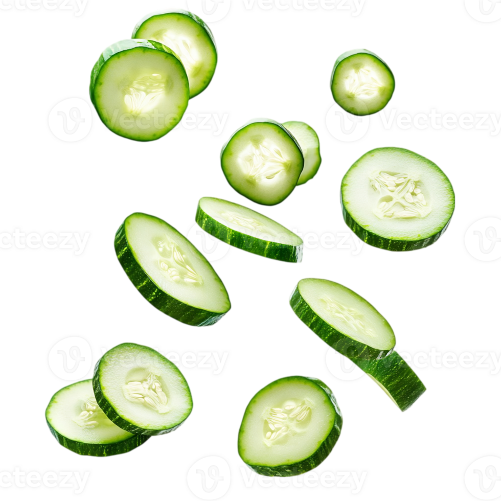 Falling cucumber slices, isolated, white background, food, photography, recipe, image, graphic, design, element png
