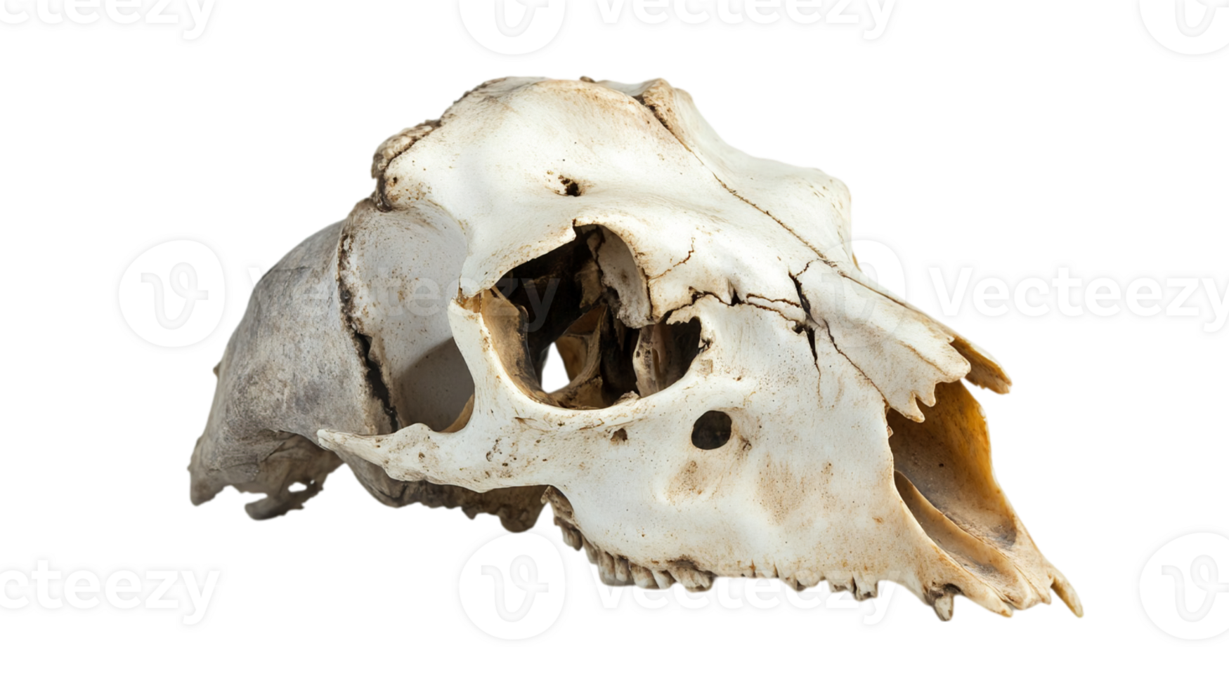 Weathered deer skull with visible cracks isolated on transparent background png