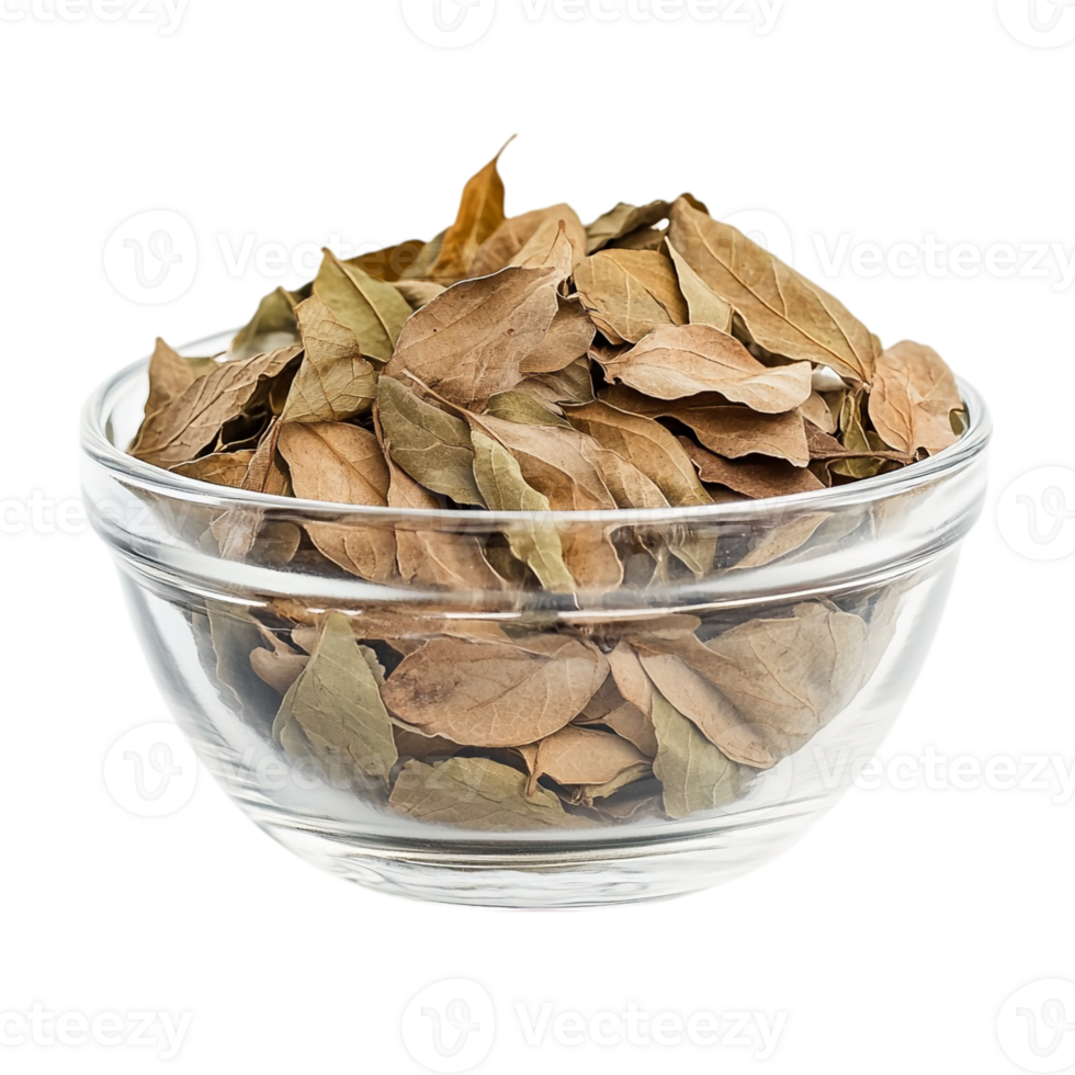 Dried curry leaves in glass bowl on black backdropisolated on transparent background png