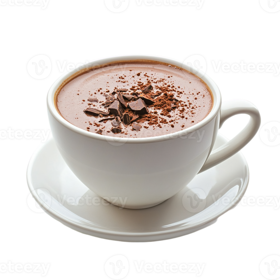 Cup of hot cocoa with dark chocolate toppingisolated on transparent background png