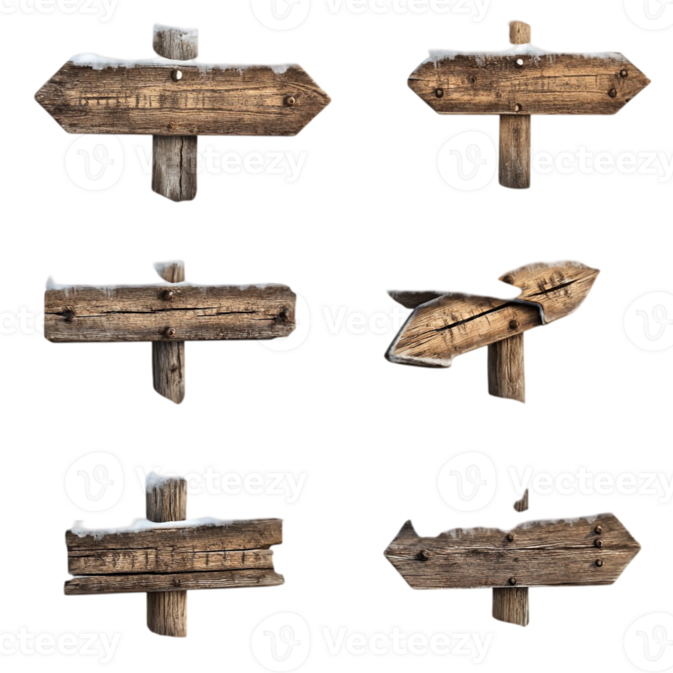 Rustic wooden signs with snow on black backdropisolated on transparent background png