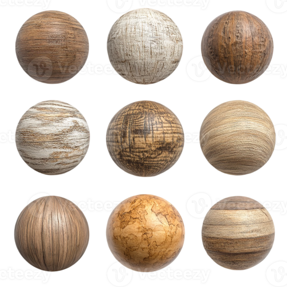 Intricate wooden spheres showcasing unique grain textures, isolated on transparent background png