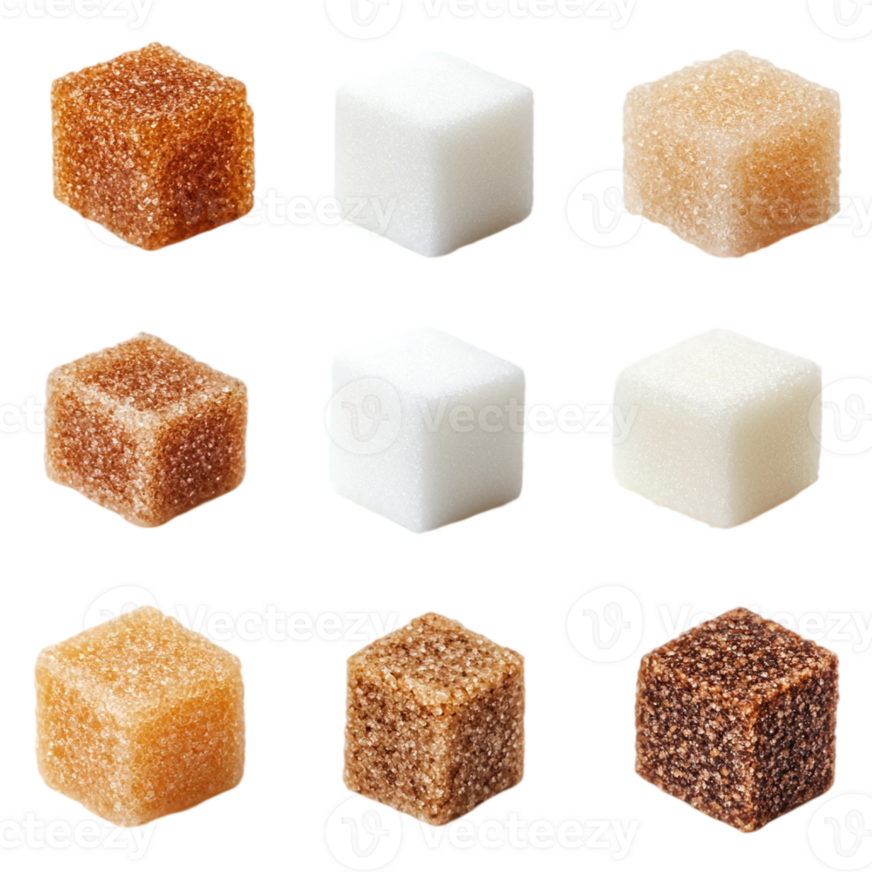 Collection of refined and unrefined sugar cubesisolated on transparent background png