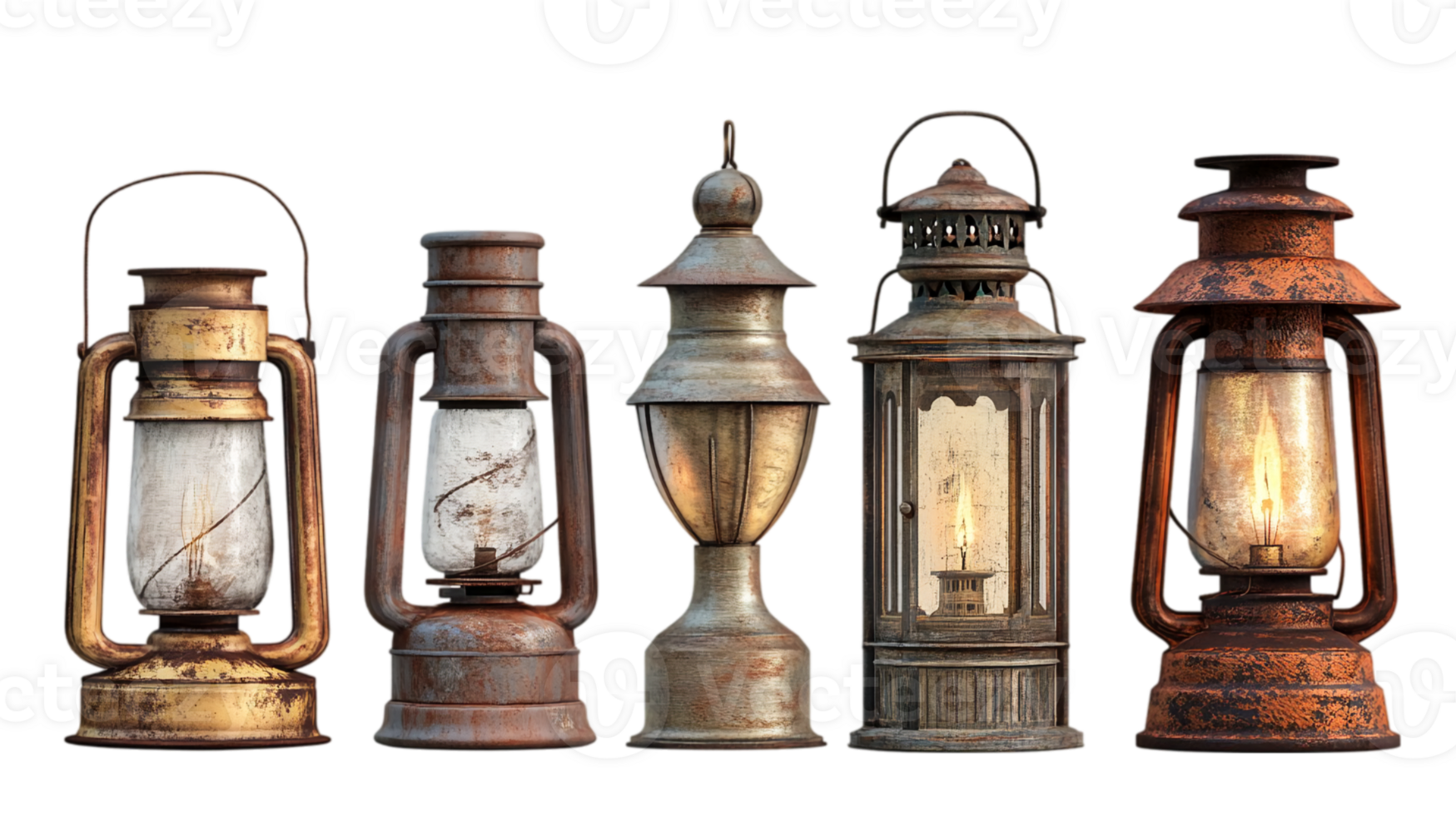 Antique rusty lanterns glowing on black backdropisolated on transparent background png