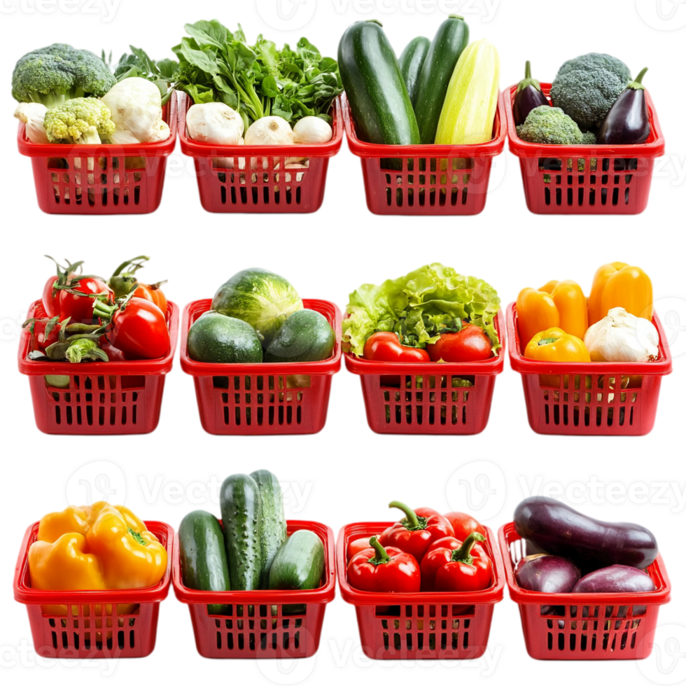 Assorted fresh fruits and vegetables artfully placed in baskets for healthy eating, isolated on transparent background png