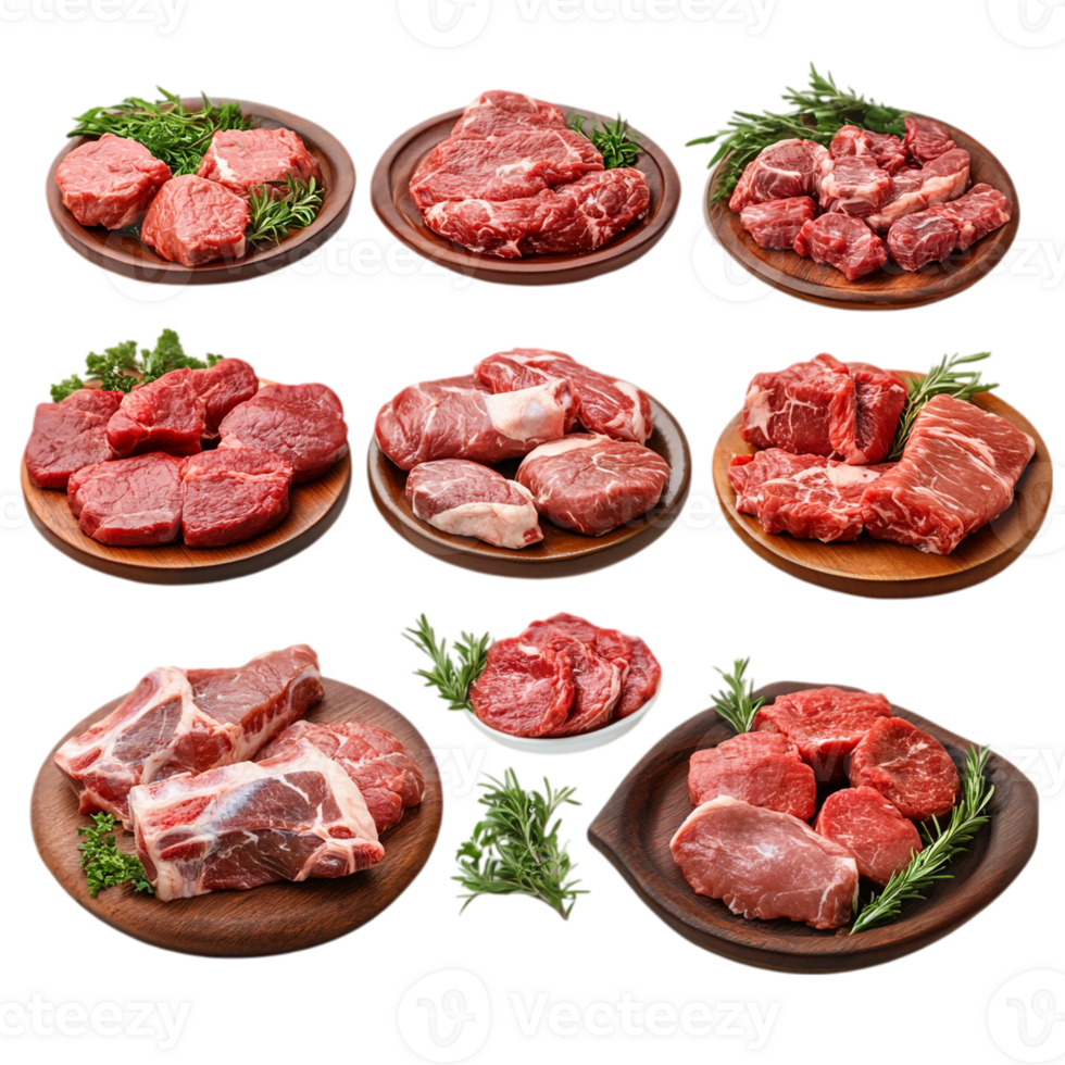Fresh raw meat assortment on wooden plattersisolated on transparent background png