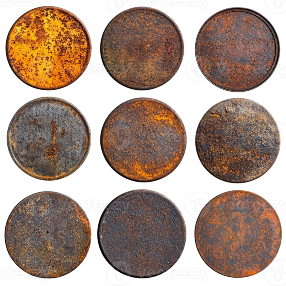 Collection of aged rusty metal circle objectsisolated on transparent background png