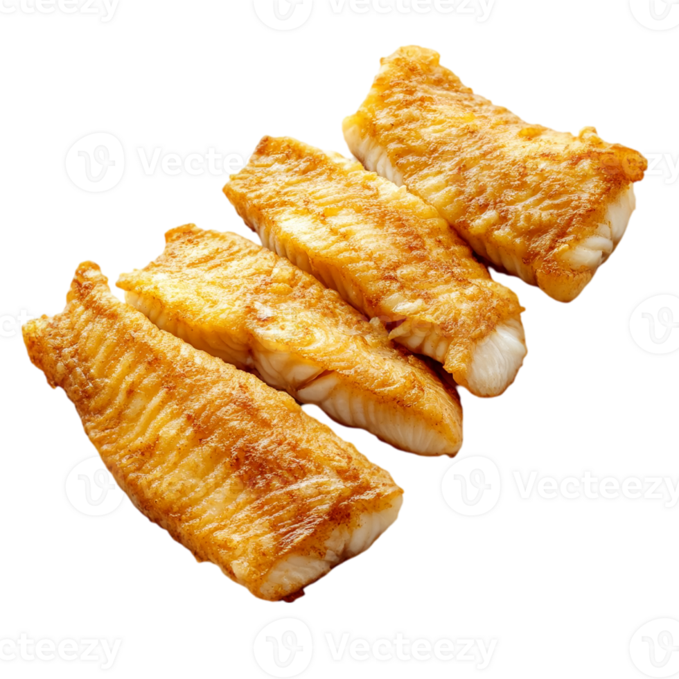 Delicious fried fish fillets on black backdropisolated on transparent background png