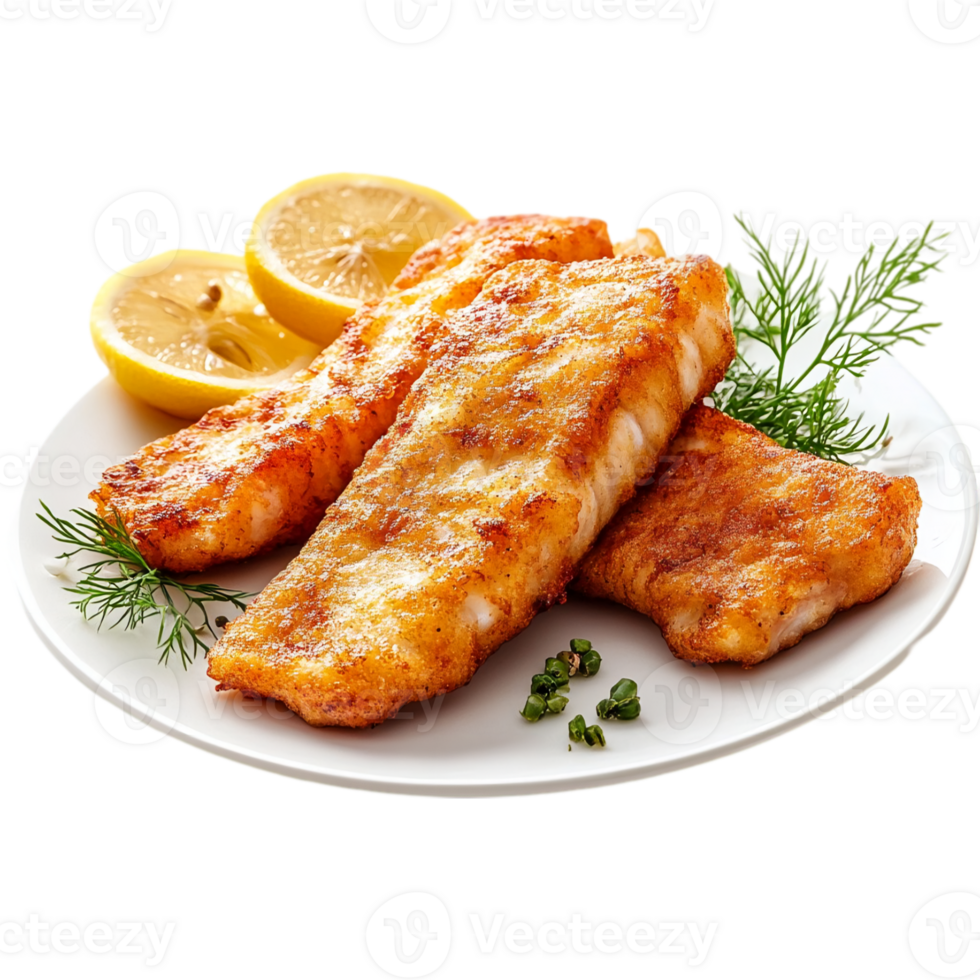 Delicious fried fish with lemon and dill dishisolated on transparent background png