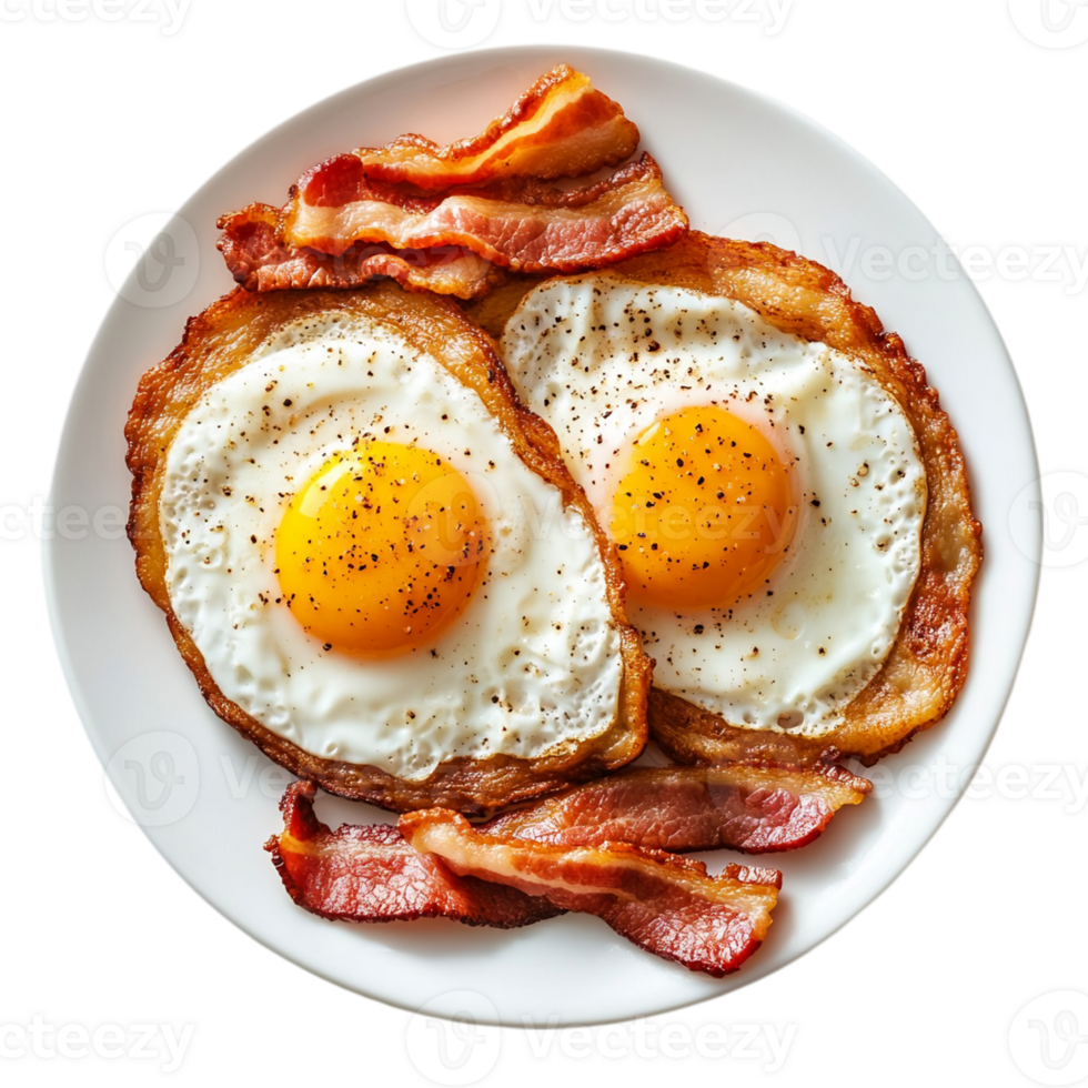 Fried eggs and bacon breakfast meal close upisolated on transparent background png
