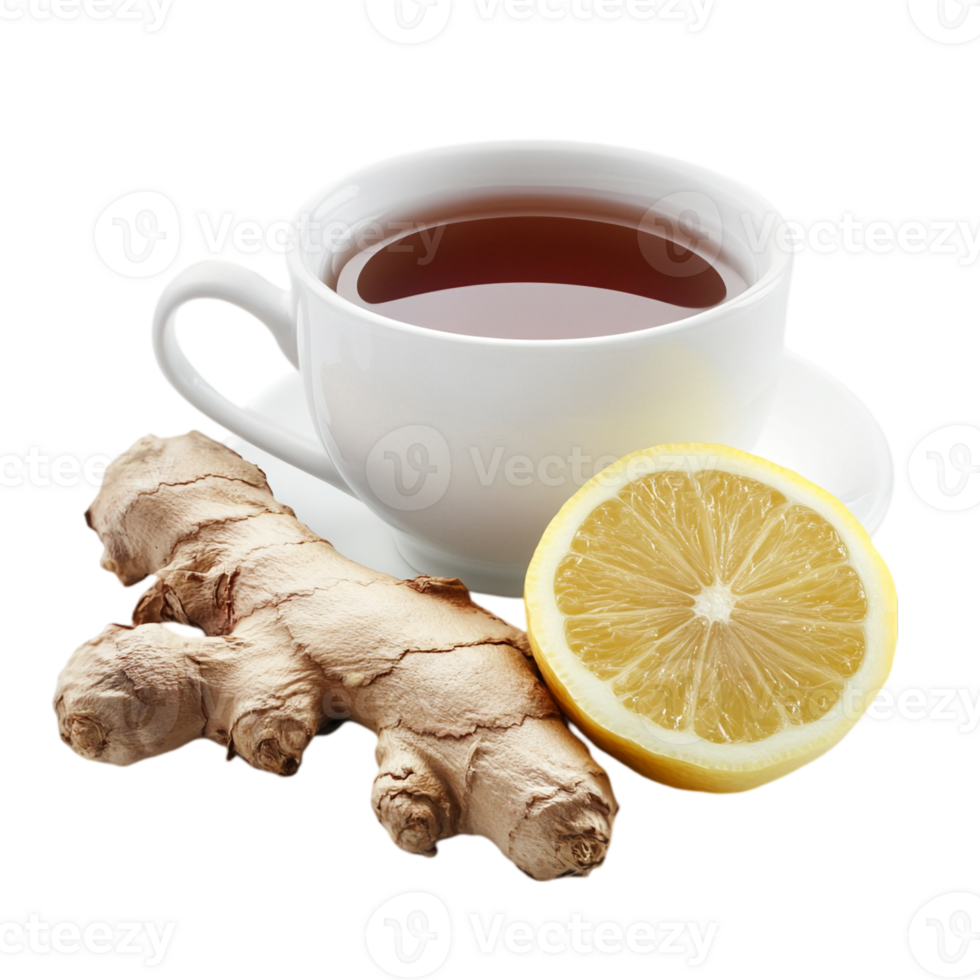 Hot beverage with lemon and ginger closeup viewisolated on transparent background png
