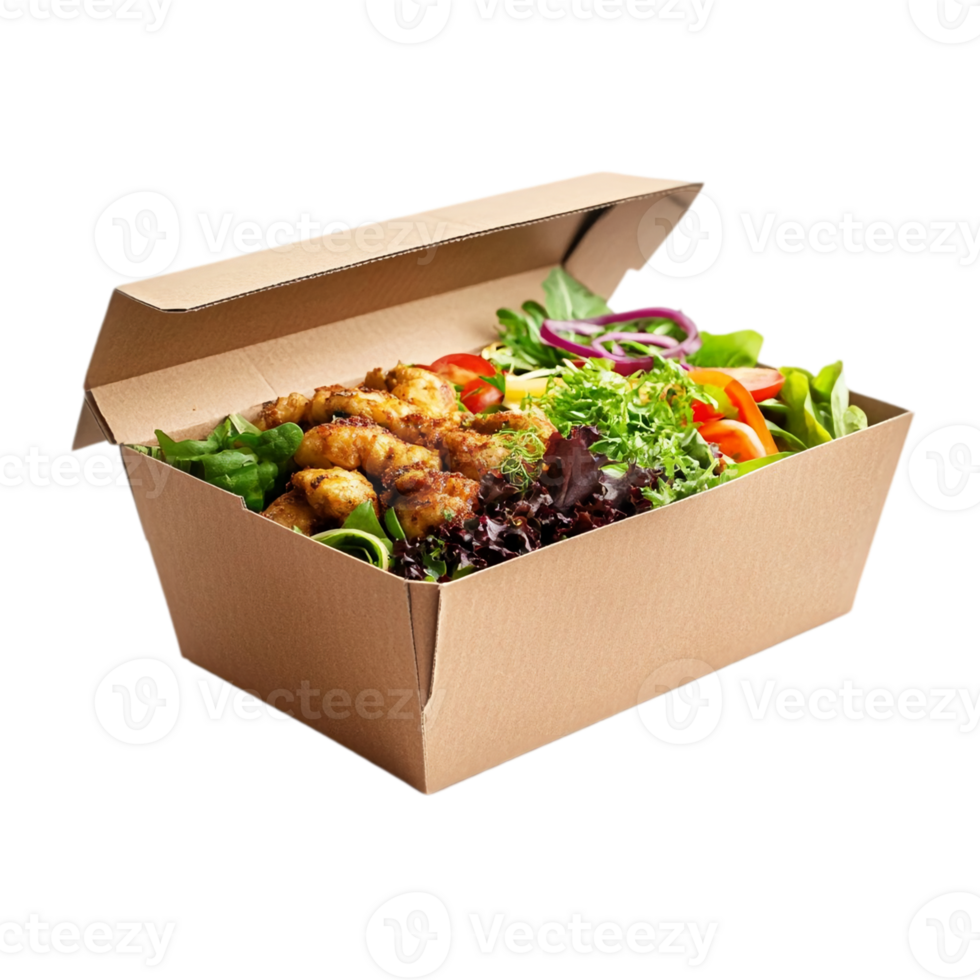 Chicken salad in cardboard to go containerisolated on transparent background png