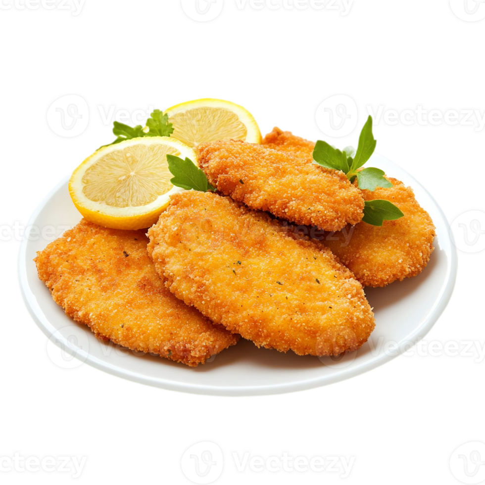 Crispy chicken schnitzel with lemon garnishisolated on transparent background png