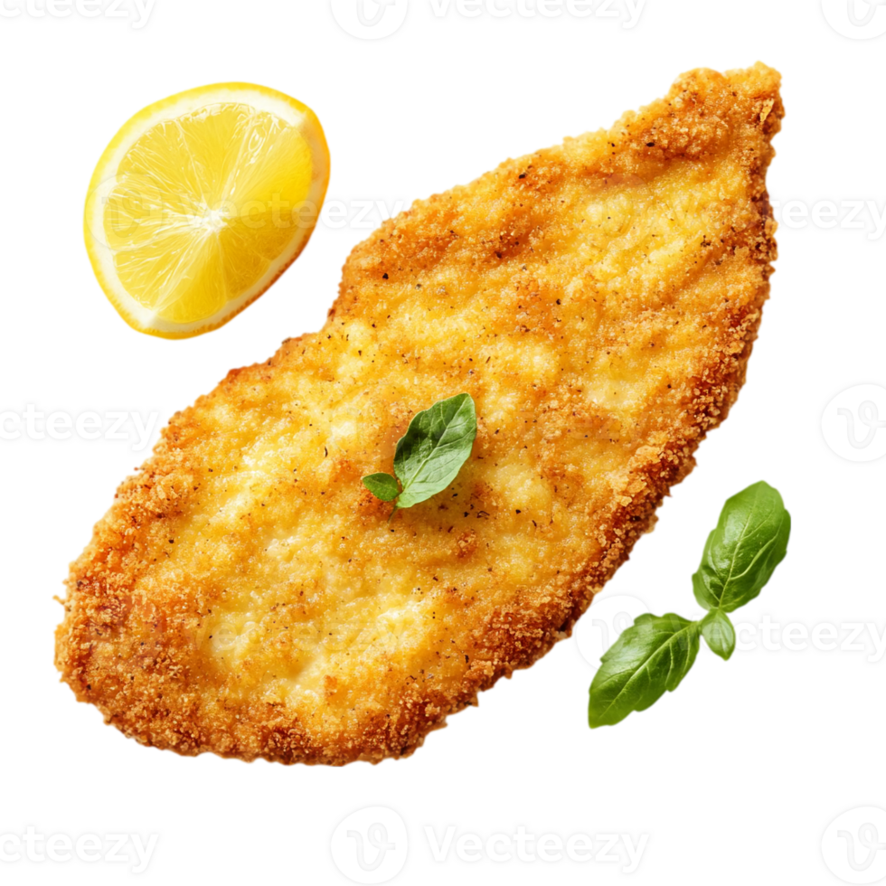 Golden schnitzel with lemon and basil leavesisolated on transparent background png