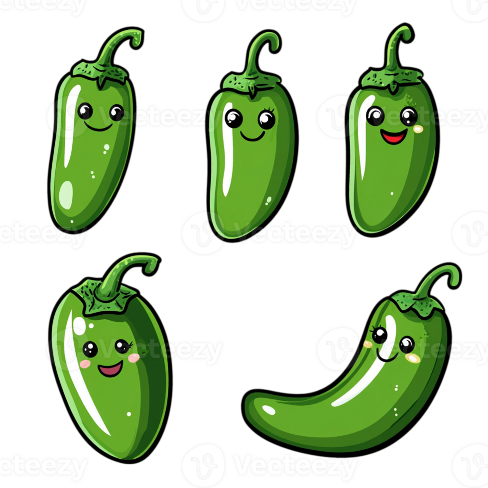 Cute cartoon jalapenos with happy expressionsisolated on transparent background png