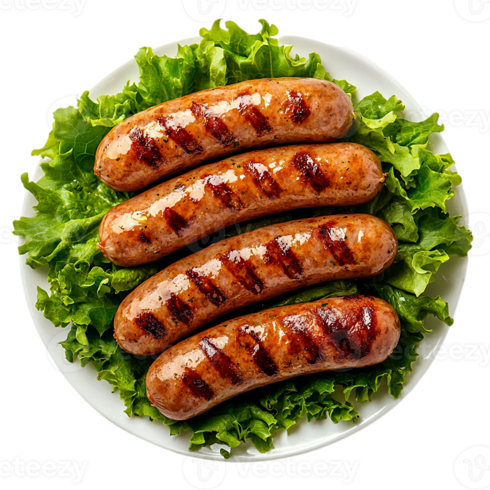 Grilled sausages with lettuce on a white plateisolated on transparent background png