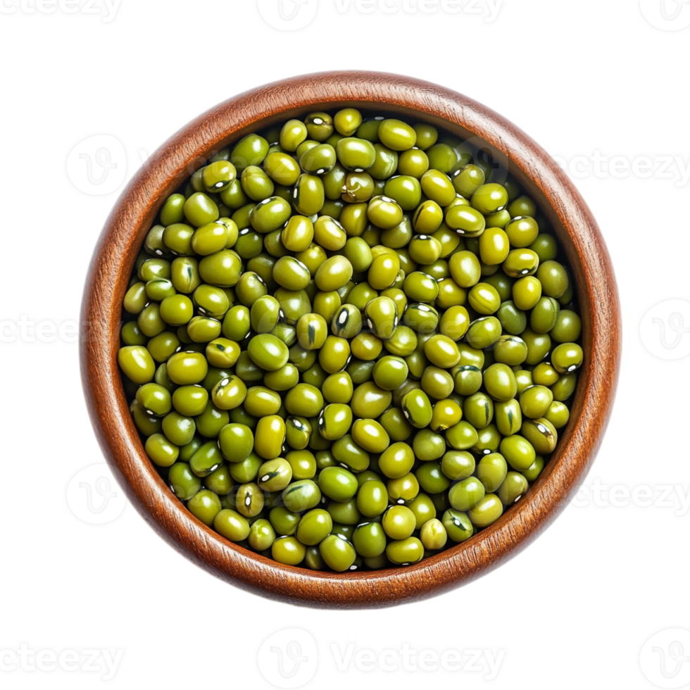 Fresh mung beans in wooden bowl close up viewisolated on transparent background png