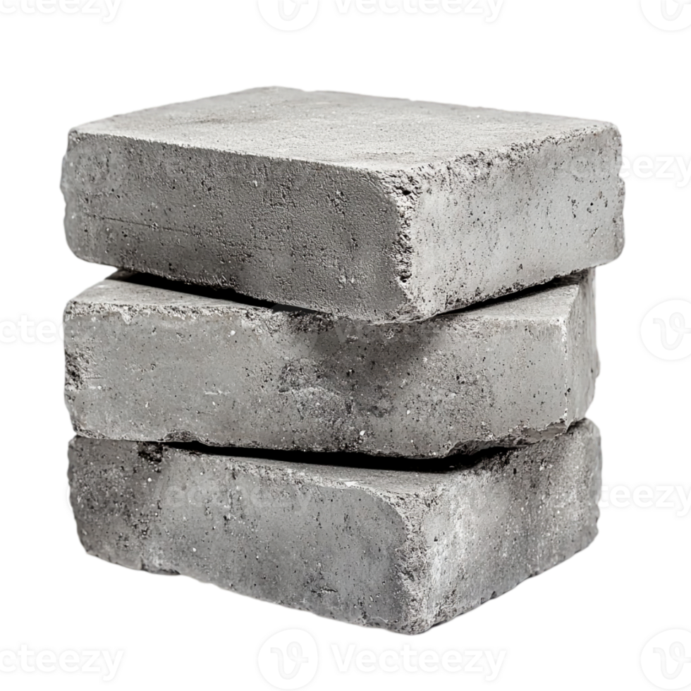 Structured stack of gray concrete blocks arranged against a black backdrop, isolated on transparent background png