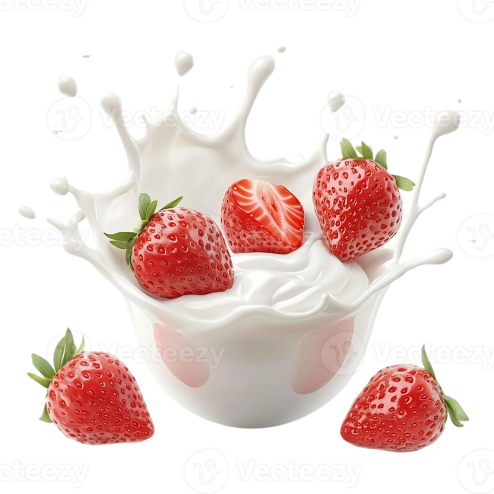 Fresh strawberries with creamy yogurt splash isolated on transparent background png