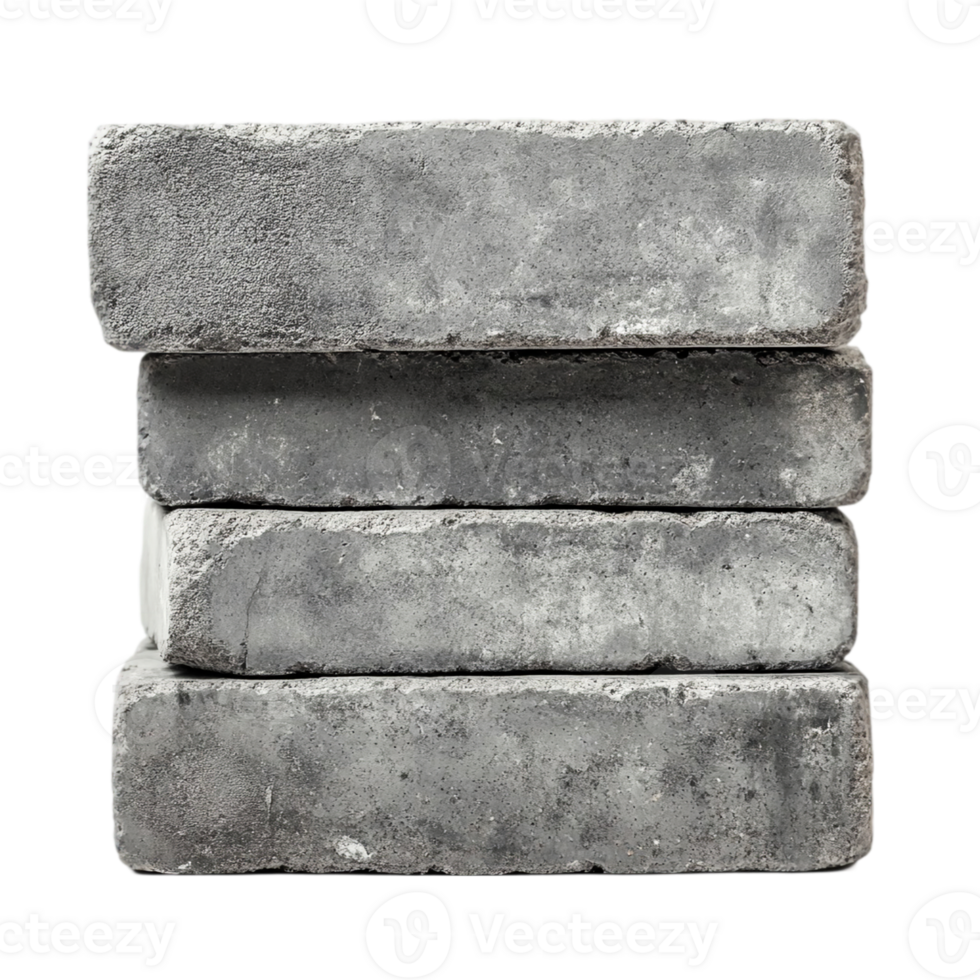 Neat pile of gray concrete blocks presented on a dark background, isolated on transparent background png