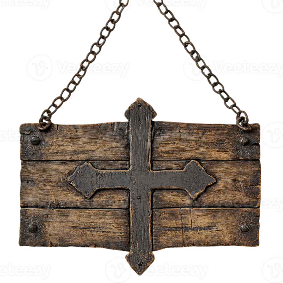 Rustic wood sign with metal cross and chain isolated on transparent background png