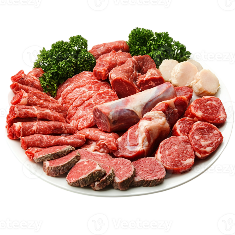 Assortment of fresh raw meats on white plate isolated on transparent background png