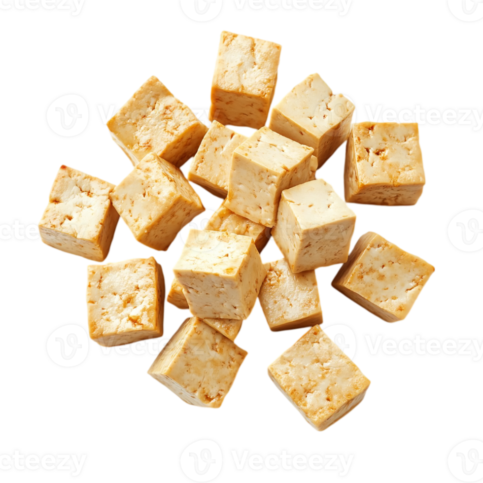 Cubed seasoned bean curd on black background isolated on transparent background png