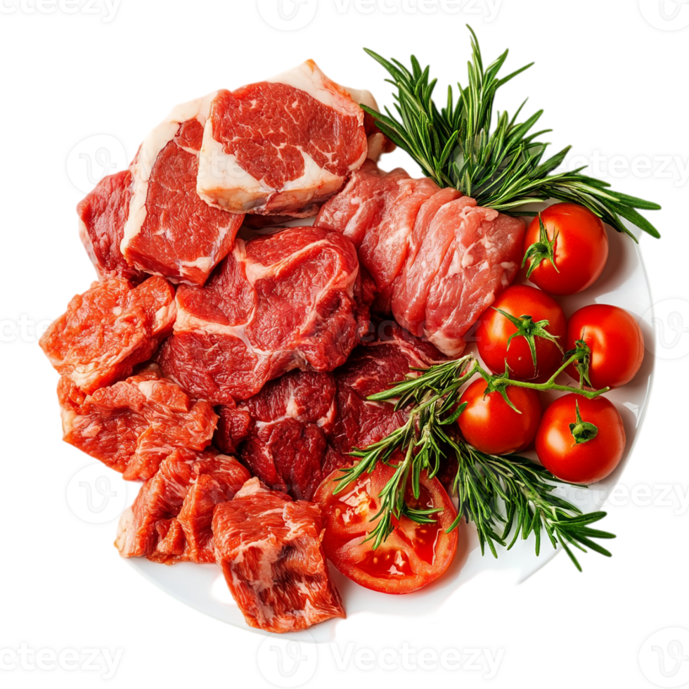Fresh raw beef with tomatoes and rosemary sprigs isolated on transparent background png
