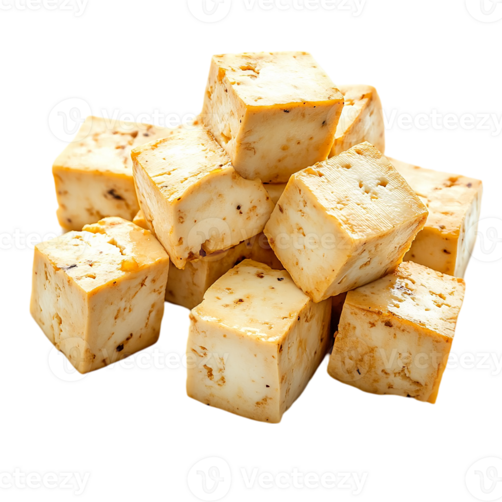 Delicious cubed tofu stack on black backdrop isolated on transparent background png